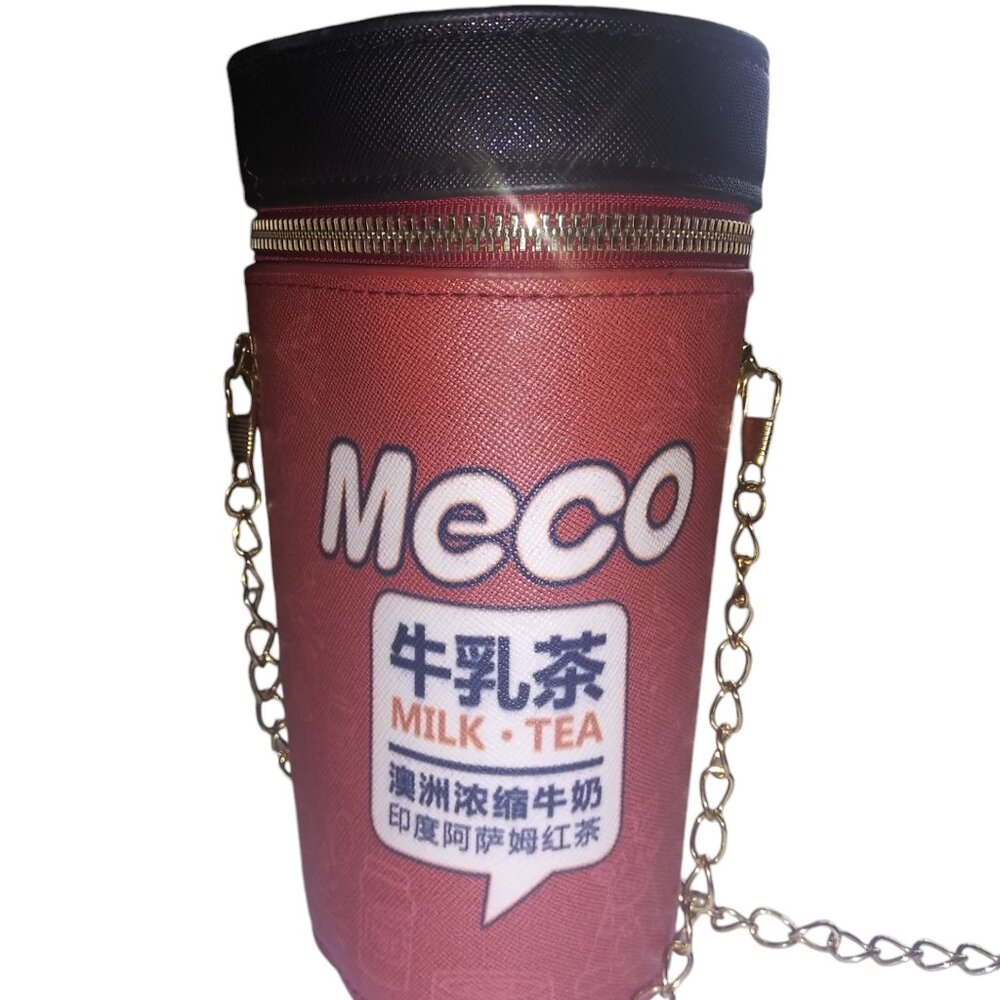 Mecko Milk Tea Brown Cup Bucket Handbag Chain Link Strap Crossbody Purse